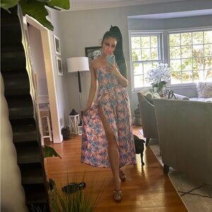 Hawaiian Tropical Floral Strapless Tube Catsuit Mock Dress Long Pink/Blue SMALL